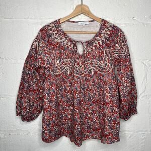 Pedro del Hierro Women's Cotton Floral Peasant Tie Neck Embroidered Blouse Sz 6